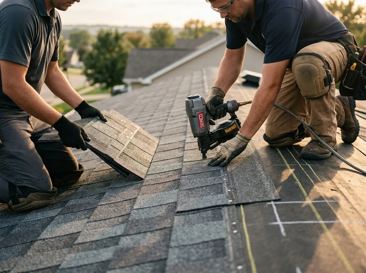 Professional roofer working on a residential roof in Lindsay